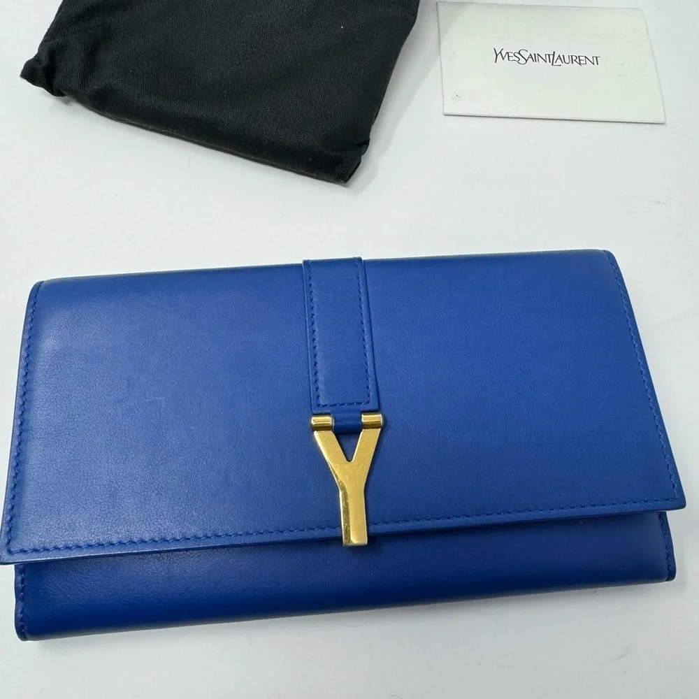 Saint Laurent Y-Chyc Authentic Royal Blue Leather Zip Wallet – Gold “Y” Hardware